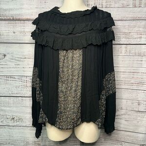Anthropologie Pol Ruffle Collar Blouse Long Sleeve Black Oversized Size Medium